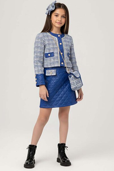 Riccotarz Girl's Quilted and Gold Striped Detail Chanel Blue Skirted Suit