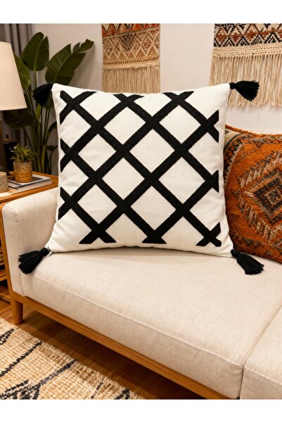 MACASA Husă pentru pernă din material textil alb, 100% bumbac, brodat cu un s...