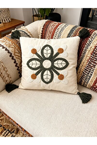 MACASA Husă pentru pernă din material textil alb, 100% bumbac, brodat cu un singur perforare