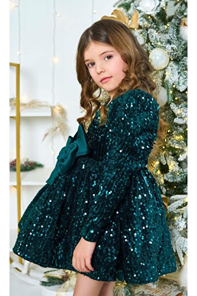 Riccotarz Girl's V-Neck Sequin Embroidered Skirt Puffy Velvet Green Evening Dress