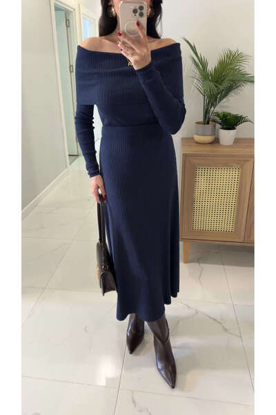 BİRCANÇİL Astera Navy Blue Madonna Collar Skirted Suit