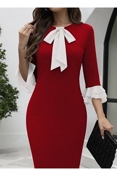 Kokosh moda Women's Three Quarter Sleeve Bow Collar Midi Crepe Dress