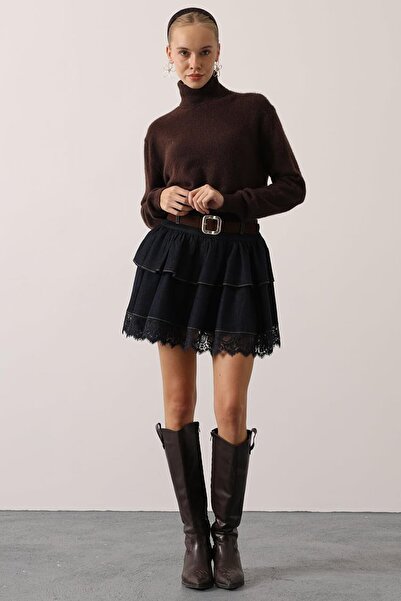 VAGGON Women's Navy Blue Belted Lace Detailed Flared Denim Skirt Vs01619