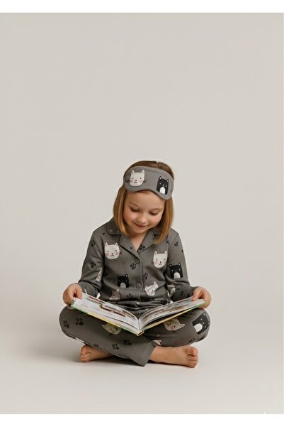 Beka Kids Cat Patterned Long Sleeve Buttoned Front Shirt Collar Girls Pajama Set 100% Cotton and Eye Patch