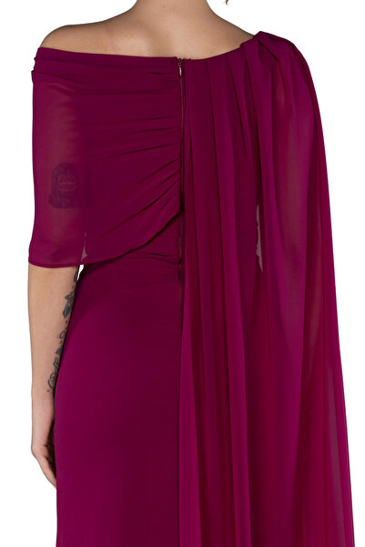 Arden Long Evening Dress, Chiffon Cape Sleeve Boat Neck Black, White, Purple, Powder, Wedding Fish Dress, 38-44