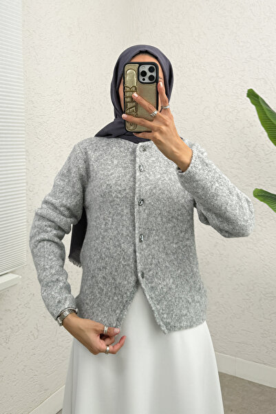 Salih Çelebi Crew Neck Buttoned Knitwear Cardigan 07295 - Gray