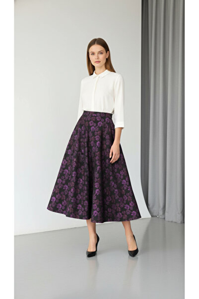 Eight Fashion Women's Floral Pattern High Waist Woven Purple Flared Skirt