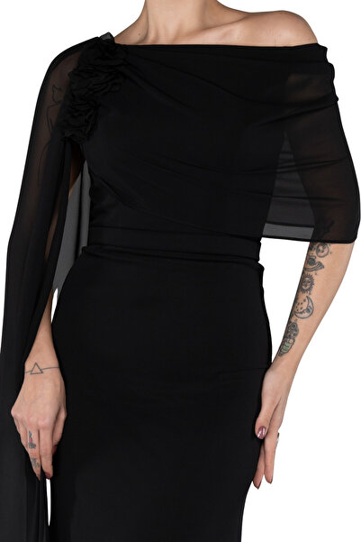 Arden Long Evening Dress, Chiffon Cape Sleeve Boat Neck Black, White, Purple, Powder, Wedding Fish Dress, 38-44