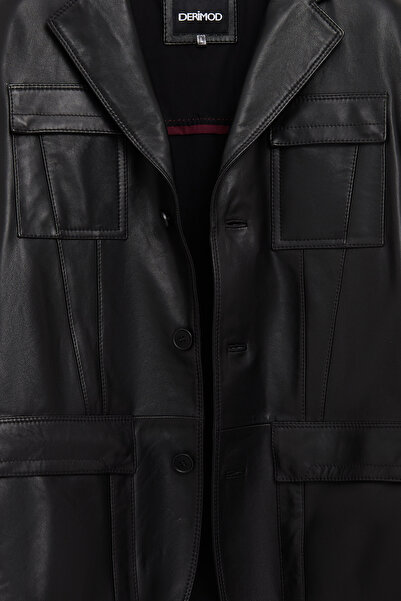 Derimod Kane Men's Black Buttoned Blazer Leather Jacket 25Wged6498Ae