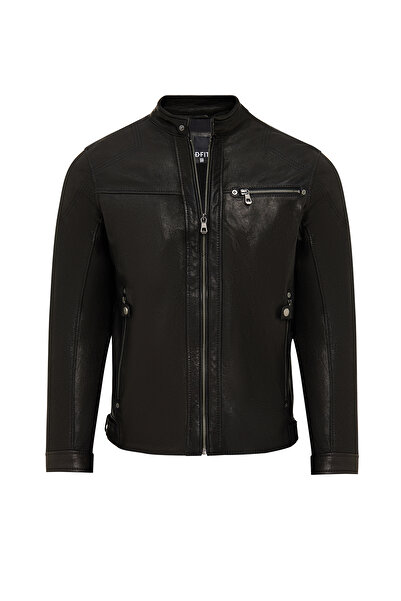 Derimod Towns Men's Black Slim-Fit Short Leather Jacket 25Wgf65872Z