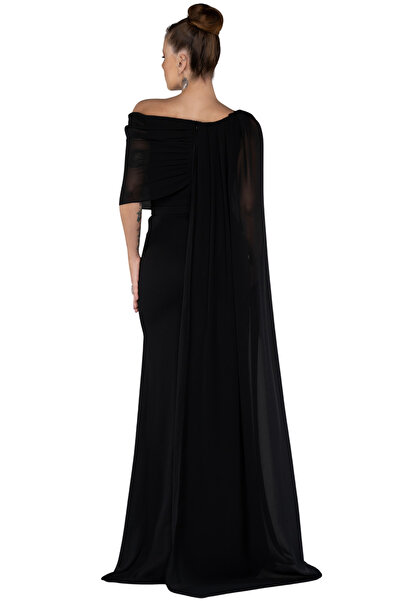 Arden Long Evening Dress, Chiffon Cape Sleeve Boat Neck Black, White, Purple, Powder, Wedding Fish Dress, 38-44