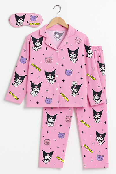 Beka Kids Kuromi Patterned Long Sleeve Buttoned Front Shirt Collar Girls' Pajama Set 100% Cotton and Eye Patch