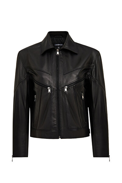 Derimod Vanessa Women Black Shirt Collar Short Oversized Leather Jacket 25Wgd5325U4