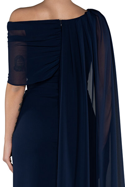 Arden Long Evening Dress, Chiffon Cape Sleeve Boat Neck Black, White, Purple, Powder, Wedding Fish Dress, 38-44
