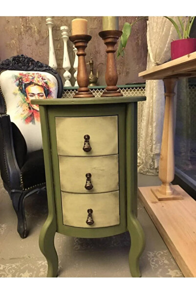 RENDORA MOBİLYA Yağ Yeşili ve Krem Eskitme 3 Çekmeceli Komodin
