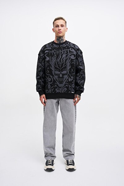 Machinist Men's Skull Printed Oversized Sweatshirt Black