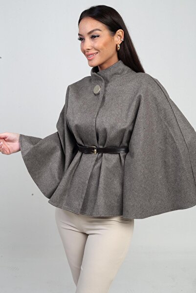 By Saygı Women's Single Button Waist Belted Cashmere Poncho