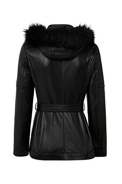 Derimod Hillary Women Black Collar Fur Hooded Leather Coat 25Wge56051M