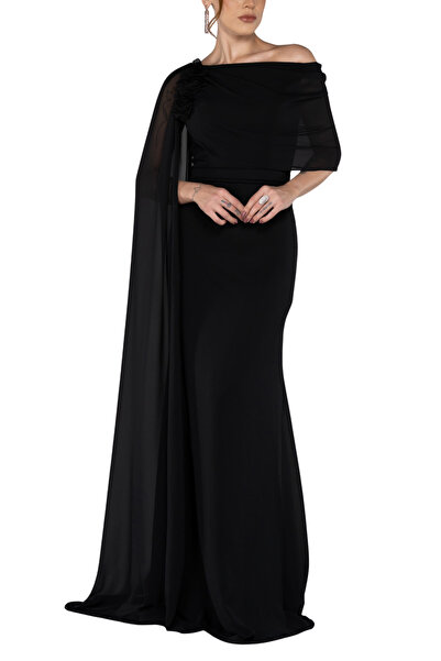 Arden Long Evening Dress, Chiffon Cape Sleeve Boat Neck Black, White, Purple, Powder, Wedding Fish Dress, 38-44