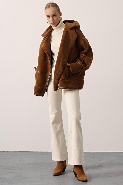 VAGGON Women's Brown Double-Breasted Collar Femruarlı Double Pocket Woolen Jacket Vs01617