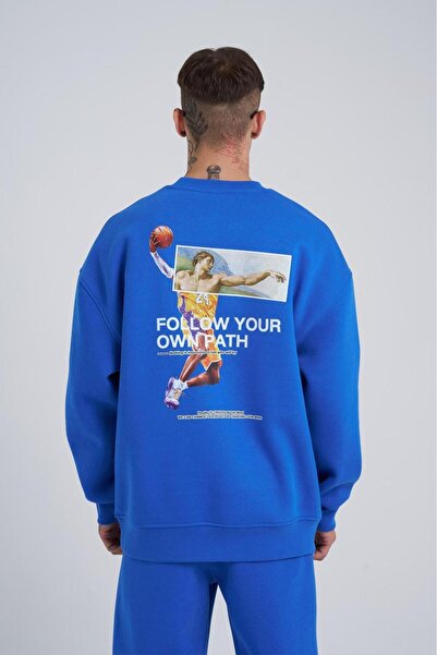 Machinist Men's Oversized Follow Your Own Printed Basic Sweatshirt Cobalt Blue
