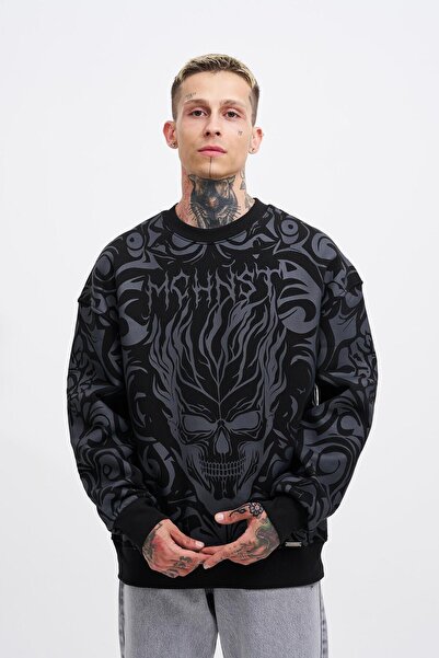 Machinist Men's Skull Printed Oversized Sweatshirt Black