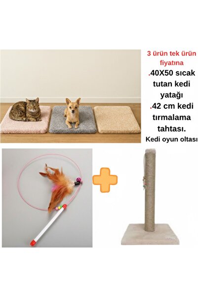 ABC Kedi Seti 3'lü: 40x60 Yumuşak Kedi Yatağı + 42 cm Jüt İpli Kedi Tırmalama Tahtası + Oyun Oltası