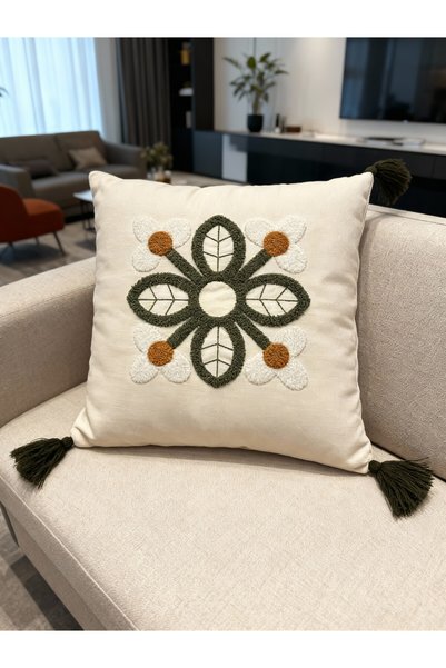 MACASA Single Punch Embroidered 100% Cotton White Fabric Throw Pillow Cover