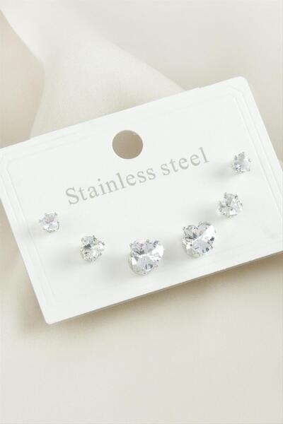 glovia bijuteri Mtxdpn 6 Pcs Heart Zircon Stone Steel (155403) Earrings-Silve...