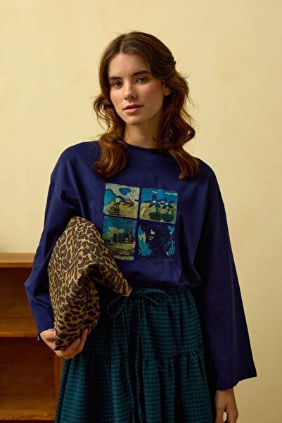 Ceylan Otantik Navy Blue Summer Printed Basic Bodysuit