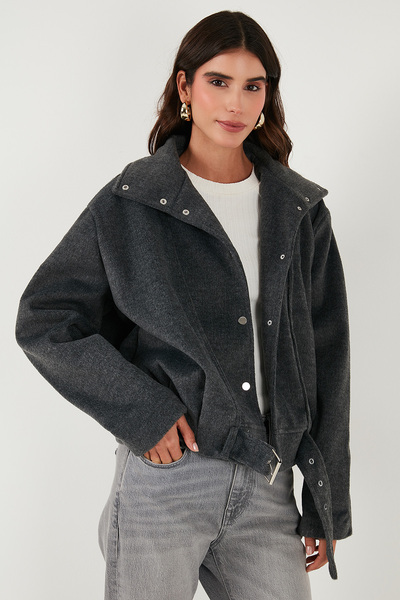 Lela Cotton Blend Oversized Belt Detailed Lined Short Cashmere Coat Coat 6839657