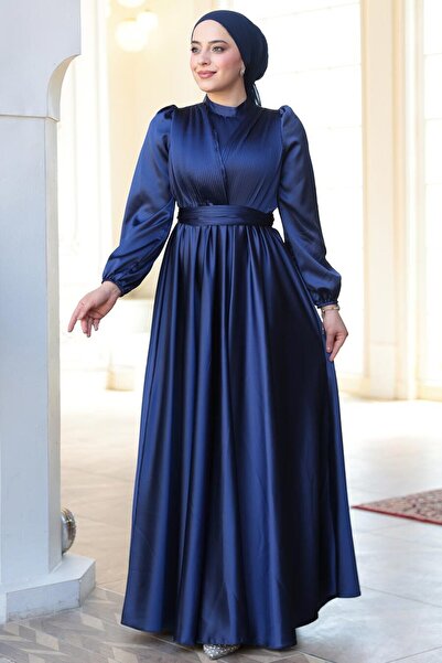 N.S NEVA STYLE Satin Navy Blue Hijab Evening Dress 23821L