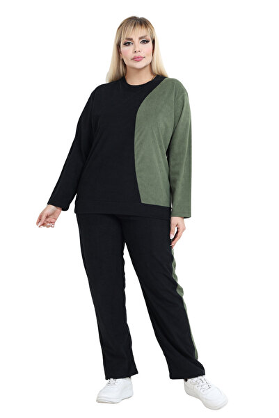 MELSAY Women's Plus Size Velvet Black-Green Color Block Tracksuit Set