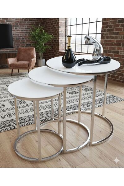 İMS ZİGON DÜNYASI 3' Lü Temperli Kırılmaz Cam Metal Zigon Sehpa