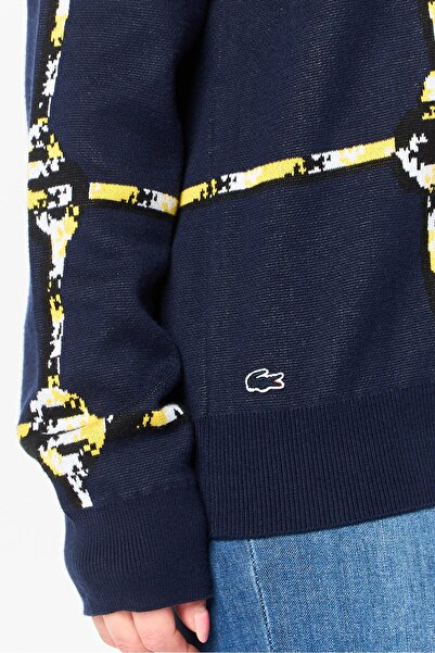 Lacoste Women Crew Neck Allover Print Long Sleeve Sweater, Navy