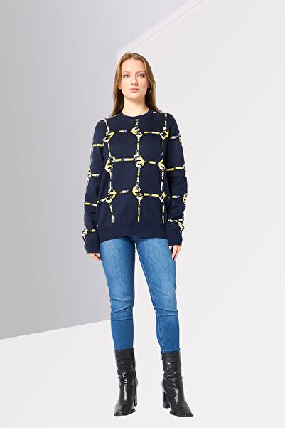 Lacoste Women Crew Neck Allover Print Long Sleeve Sweater, Navy