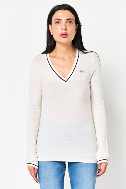 Lacoste Women V-Neck Brand Logo Sweater, Cream