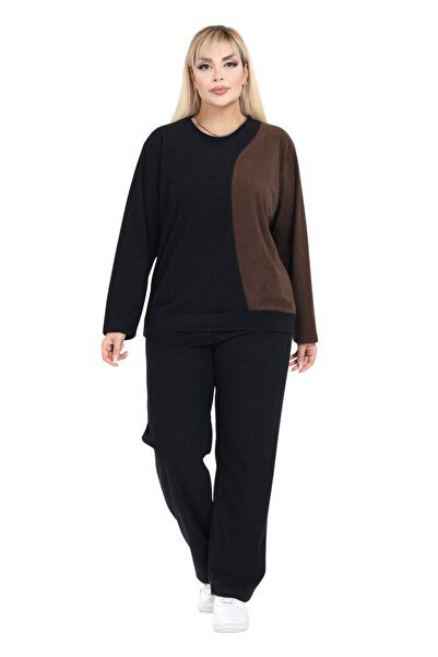 MELSAY Women's Plus Size Velvet Black-Brown Color Block Tracksuit Set