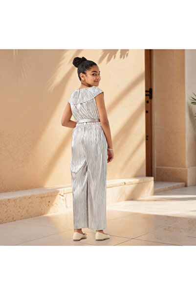 Juniors Pleated Cap Sleeves Jumpsuit with Tie-Up