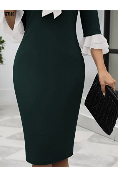 moda wanilia Women's Three Quarter Sleeve Bow Collar Detailed Midi Imported Crepe Dress