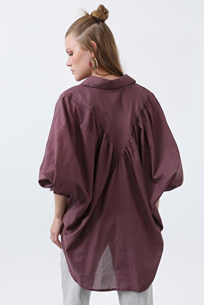 Loreen Women's Flounced Oversized Cotton Poplin Shirt-20665Gml - Almond Green
