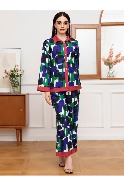 FridayIn Holiday style Lapel Color contrast Printing Buttons Waist drawstring Shirt sleeve Pants Suits