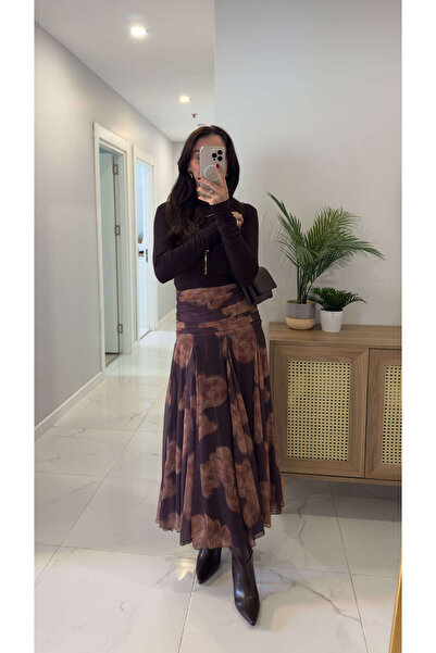 BİRCANÇİL Lusan Brown Shawl Pattern Skirt