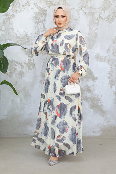 N.S NEVA STYLE Patterned Gray Hijab Dress 344601Gr