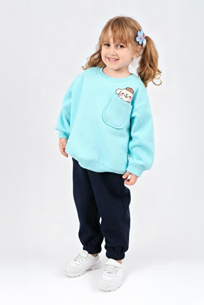 Perendi Girl's Crew Neck Sweatshirt with Print Detail and Fleece Lined Jogger Bottom Set – Turquoise