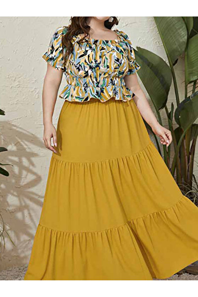 FridayIn Sweet Square collar Floral Ruffle Puff sleeve Plus Size Suits