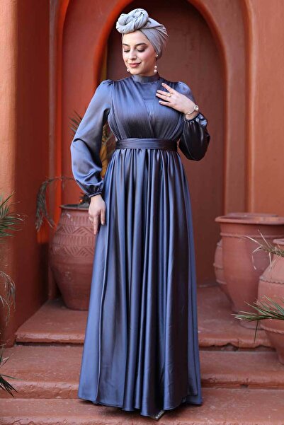 N.S NEVA STYLE Satin Smoked Hijab Evening Dress 23821Fu