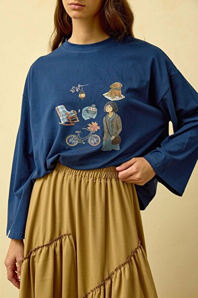 Ceylan Otantik Navy Blue Bicycle Printed Basic Body