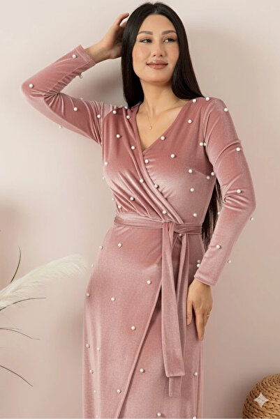 AZRA BUTİK Velvet Pearled Long Evening Dress Powder