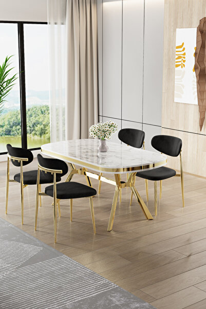 Canisa Olya Serisi 90x168 Lak Panel Beyaz Mermer Desen Masa Takımı Gold Ayakl...